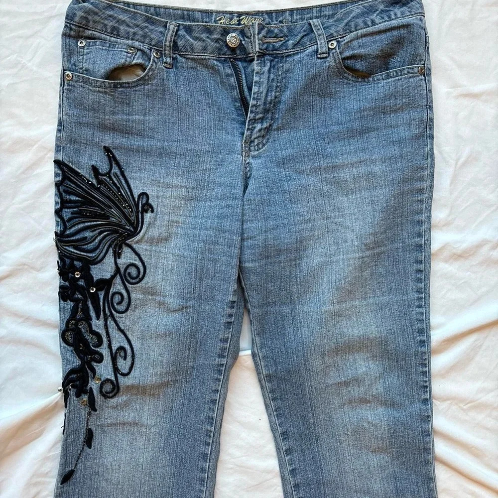 Vintage Blue and black butterfly beaded sequin embroidered low rise denim jeans